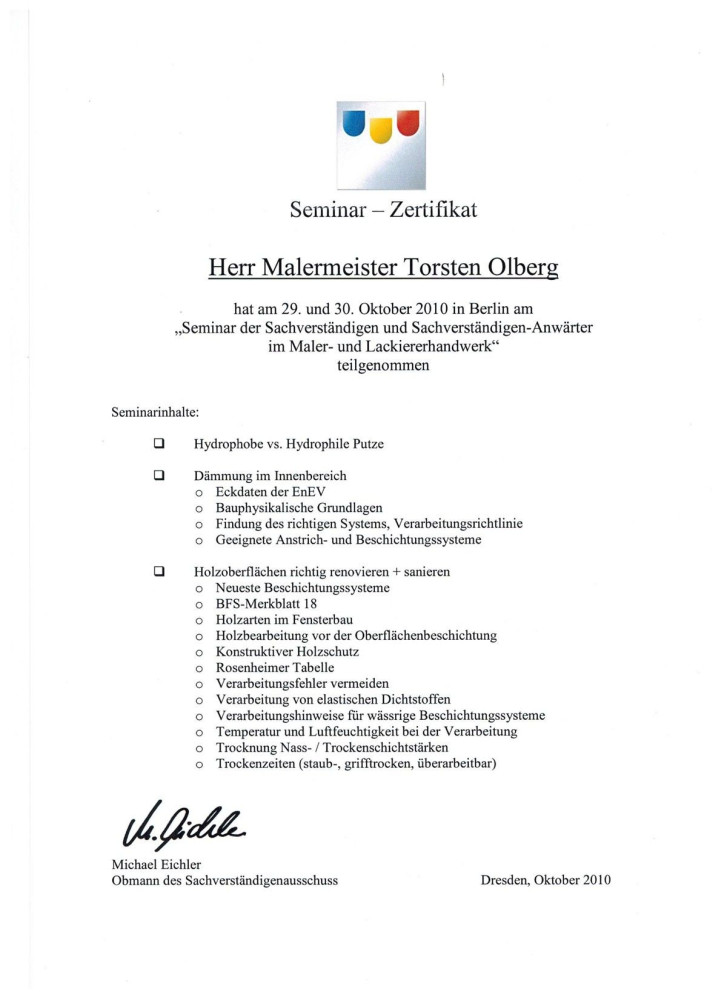 Zertifikat Seminar Malermeister-Okt2010